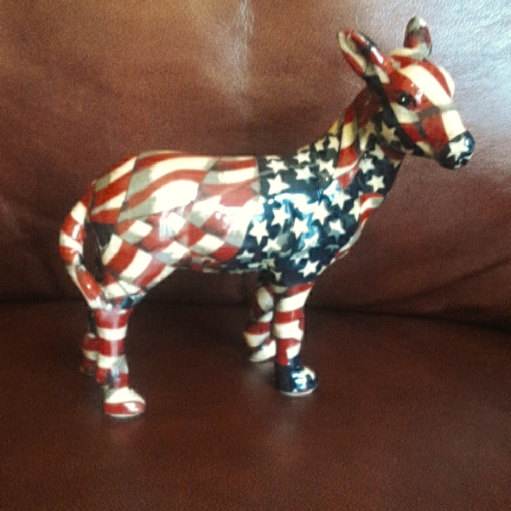 Democratic  donkey artifact. American colors red, white, blue stars& stripes.